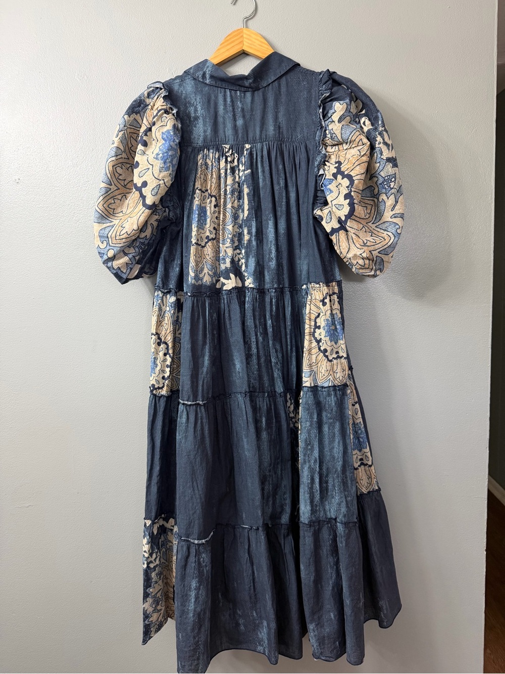 Anthropologie Let Me Be Puff-Sleeve Patchwork Cotton Midi Shirt Dress Large - Picture 9 of 13